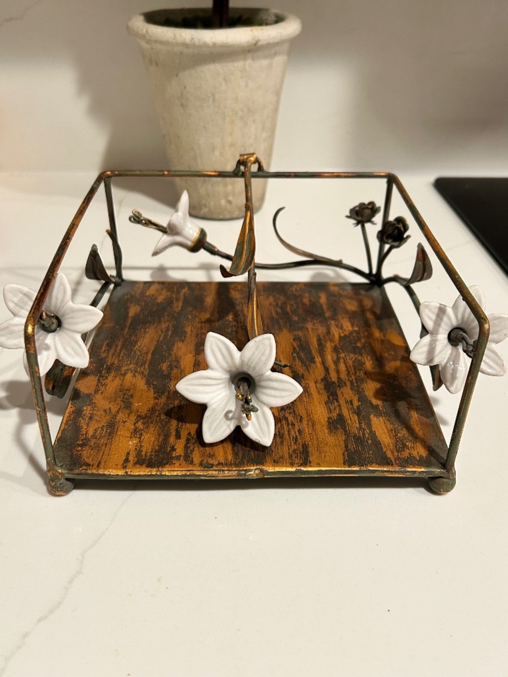 vintage metal & porcelain lily flower napkin holder